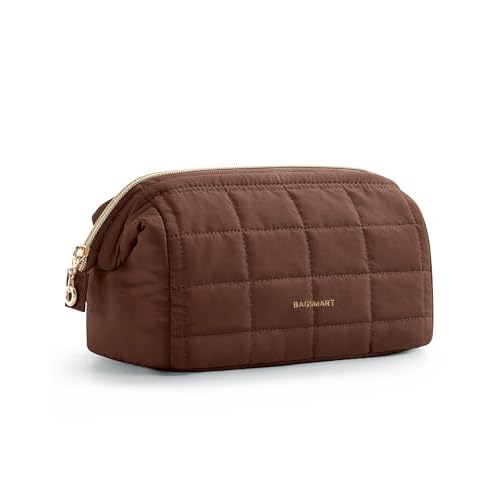 BAGSMART Makeup Bag Travel Toiletry Bag, Puffy Padded Make Up Bags for Women Makeup Organizer Case, Wide-open Pouch Purse Travel Essentials Toiletries Accessories Brushes, Chocolate