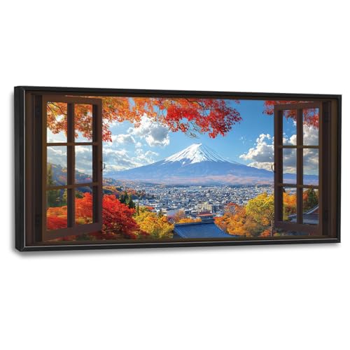 Japanese Mountain Wall Art, Japan Landscape Pictures Wall Decor, Asian Nature Canvas Prints, Window Red Leaves Painting, Large Framed for Living Room Office Bedroom Bathroom Corridor 60x 30