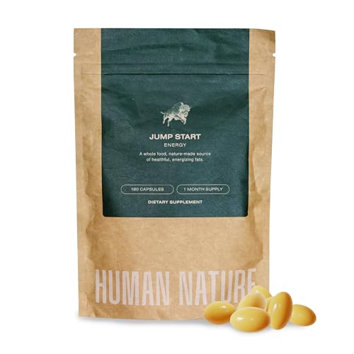 HUMAN NATURE Jump Start: Wild Grass Fed Bison Tallow & MCT Oil, Focus Supplement with Essential Vitamins for Natural Energy, Brain, Bone Health 180 Capsules