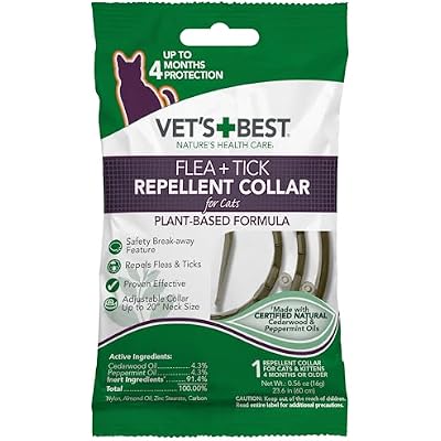 Vets Best Flea and Tick Repellent Collar for Cats, Plant-Based Flea and Tick Prevention Collar with Natural Oils, Adjustable Cat Collar Up to 20 Inch