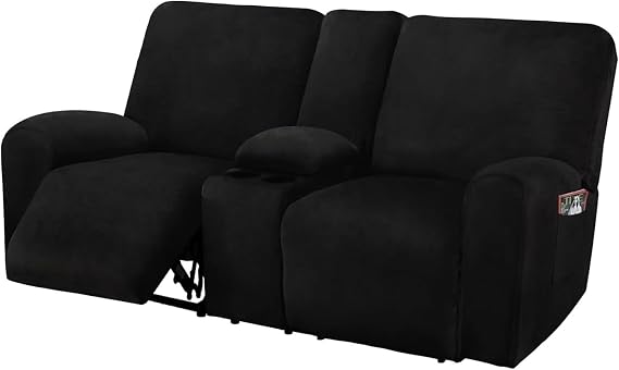 ULTICOR Reclining Loveseat with Middle Console Slipcover, 8-Piece Velvet Stretch Loveseat Reclining Sofa Covers, 2 Thick, Soft, Washable, Covers ONLY (Black)
