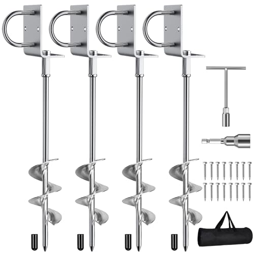Phopich Multi-Purpose Ground Anchors Screw in, Fully Welded Heavy Duty Trampoline Stakes with Brackets, T-Wrench and Adapter for Drill, Earth Anchor kit for Mobile Home, Trampoline, Shed