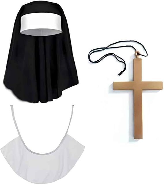 3Pcs Halloween Nun Costume Accessories for Women - Nun Headpiece, Cross Necklace, Collar Set | Religious Party Carnival Cosplay Props