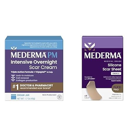 Mederma Scar Treatment Bundle - PM Intensive Overnight Scar Cream 1.7 Oz (48g) & Medical Grade Silicone Scar Sheets 4 Count