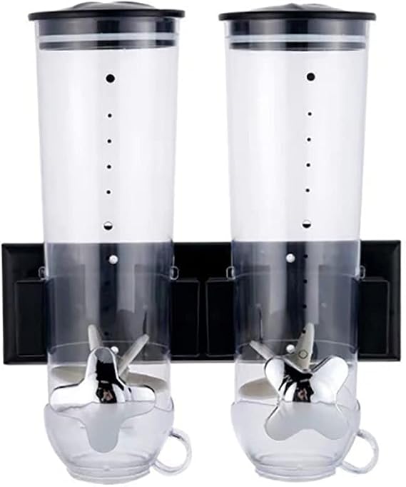 3L Wall Mount Double Cereal Dispenser, Dual Control Food Dispensers Dry Food Storage Container with 2Cups for Coffee Bean Rice Candy Oatmeal Nuts, ABS Material (Black)