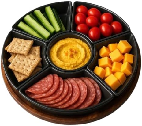 Lazy Susan Rotating, Revolving Dip Set Snack Bowl Serving Platter with 6 Ceramic Dishes Dips, Snacks & Appetisers | Snack Dishes with Turntable | M&W (Black)