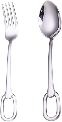 Stainless Steel Camping Hanging Hole Spoon Fork,Portable Camping Spoon Fork,Portable Travel Hanging Hole Spork,2 Pieces,Silver.