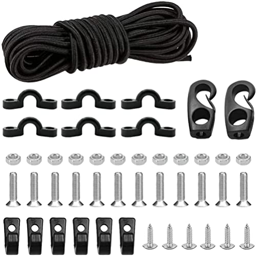 Kayak Deck Rigging Kit Bungee Cord with Bungee Cord Ends Hooks and Tie Down Pad Eye with Screw and 6 J-Hooks for Boat Canoe Accessory Outfitting Fishing Storage Black