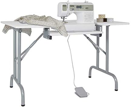 Folding Sewing Machine Table with White Top and Silver Legs