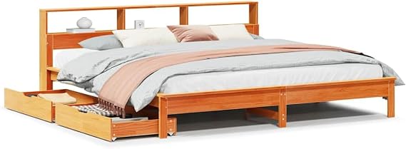 Super King Size Bed Frame with Storage Drawer and Headboard, Bookcase Bed Without Mattress in Wax Brown 180x200 cm Solid Wood Pine with Wheels