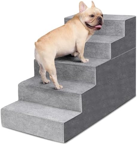Heeyoo Dog Stairs for Small Dogs, 5 Step Dog Steps for High Bed and Sofa, High Density Foam Pet Steps with Support Board, Non-Slip Cover,