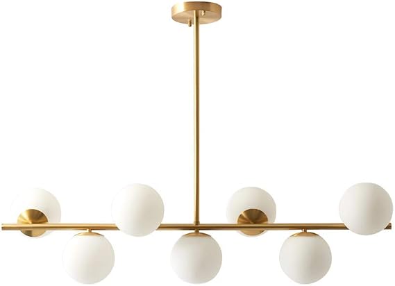 KCO Lighting Modern Brass Linear Chandelier Pendant Light 7-Lights Gold and White Glass Pendant Lighting Mid Century Globe Dining Light Fixture for Living Room Kitchen