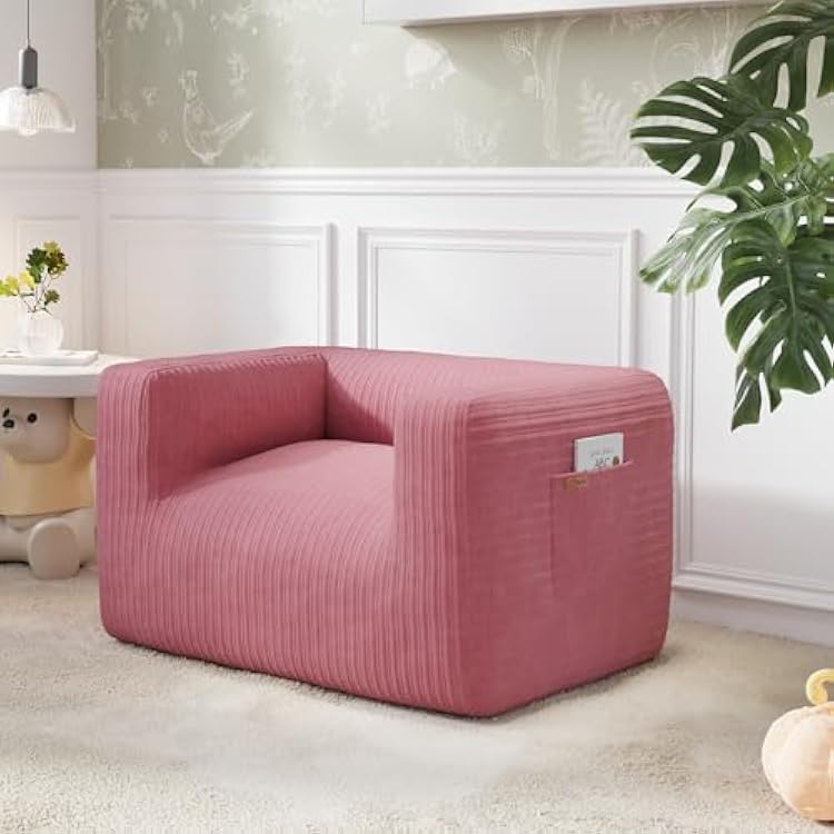 COMAX Bean Bag Chair for Kids, Stuffed Toddler Couch for Boys and Girls, Corduroy Lazy Sofa Filler with Shredded Sponge Accent Chair Comfy with Pocket for Playroom Classroom, Pink
