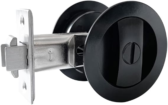 LWZH Matte Black Privacy Round Pocket Door Lock,Invisible Recessed Handle Latch,Pocket Door Hardware Lock for 1 3/8 to 2 31/32 Thickness Door