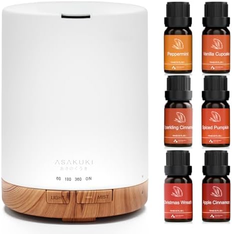 ASAKUKI 300ML Essential Oil Diffuser with Warm Bliss 6 * 10ml Essential Oil Blends Set for Holiday& Christmas