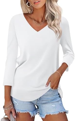 ORANDESIGNE Womens 34 Sleeves V Neck T Shirts Color Block Casual Summer Tops Fashion Loose Shirts Tees
