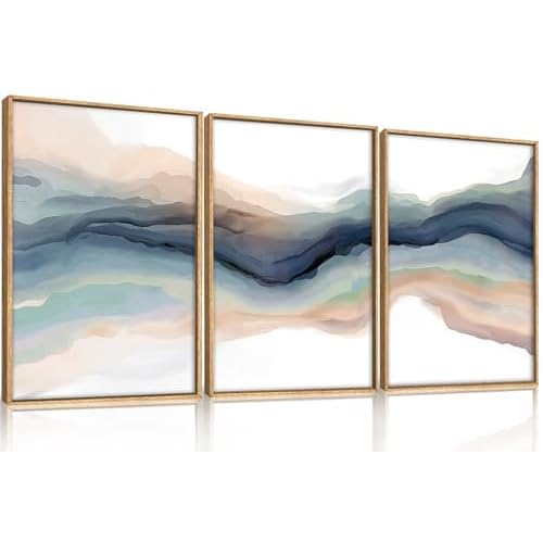 HLNIUC Blue Abstract Wall Art, Watercolor Line 24x36 Framed Art Set of 3, Modern Wave Canvas Wall Decor, Natural Landscape Paint Stroke Prints for Living Room, Bedroom, Office