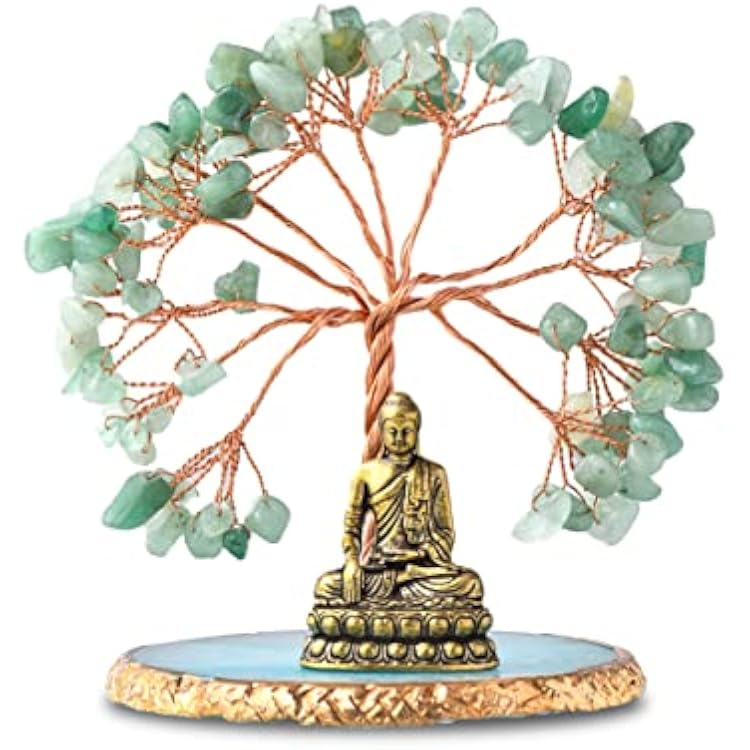 Buddha Statue with Healing Crystal Tree, Tree of Life for Positive Energy. Home Decor Yoga Meditation. Green.B