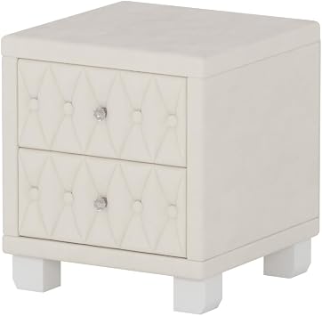 Luxury Nightstand with 2 Drawers, Upholstered Bedside Table with Diamond Tufted Design & Crystal Knobs, Modern Night Stand for Bedroom, Side Table with Storage, Cream White