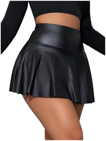 OYOANGLE Womens Pu Leather Elastic High Waist Skorts Ruffle Hem Casual Flared Skirt Shorts