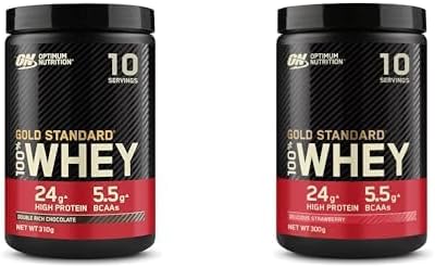 Optimum Nutrition Gold Standard 100 Percent Whey Muscle Building and Recovery Protein Powder with Naturally Occurring Glutamine and BCAA Amino Acids Double Rich Chocolate Flavour and Strawberry flavor