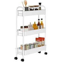 Slim Rolling Cart, Metal Frame Utility Rolling 3-Tier Narrow Storage Cart with Handle Kitchen Storage Organizer, Mobile Shelving Unit for Bathroom Kitchen