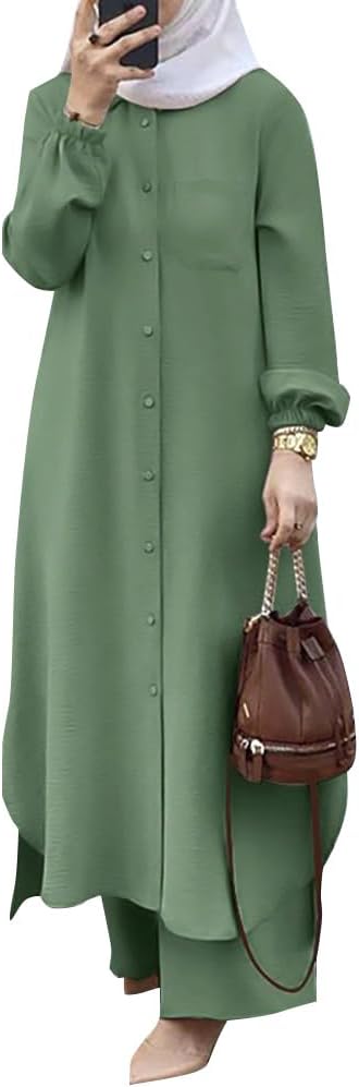Women's Muslim 2 Pieces Sets Long Sleeve Button Down Shirt and Pants Abaya Casual Dress Dubai Outfits