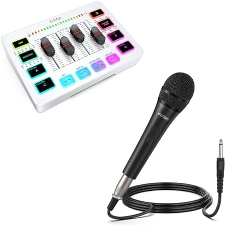 FIFINE Karaoke Microphone and Audio Mixer Kit, Dynamic Vocal Mic for Speaker,Wired Handheld Mic with On and Off Switch,Gaming Streaming PC Mixer with Slider Fader,for Video/Podcast Recording(K6+SC3W)