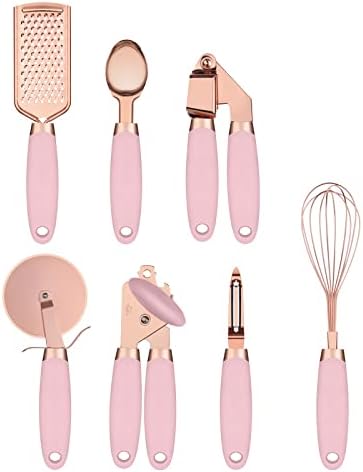 White & Gold Kitchen Tools and Gadgets - Luxe 7PC Cooking Tools and Gadgets with Anti-Slip Handles, Gold Utensils Set, Gold Kitchen Accessories,Premium Kitchen Gadget Set (rose gold and pink)