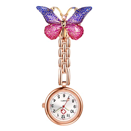 Lancardo Women Butterfly Brooch Nurse Watch Pin-On with Secondhand Stethoscope Lapel Fob Pocket Badge Watches for Doctor Nurse Easy to Read