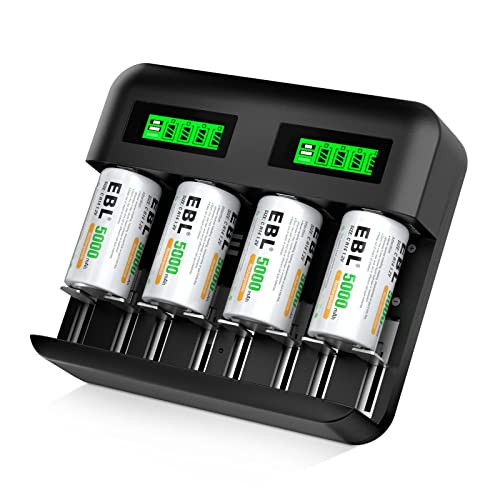 EBL Rechargeable C Batteries 4 Pack and LCD Smart Battery Charger for Ni-MH AA AAA C D Rechargeable Batteries