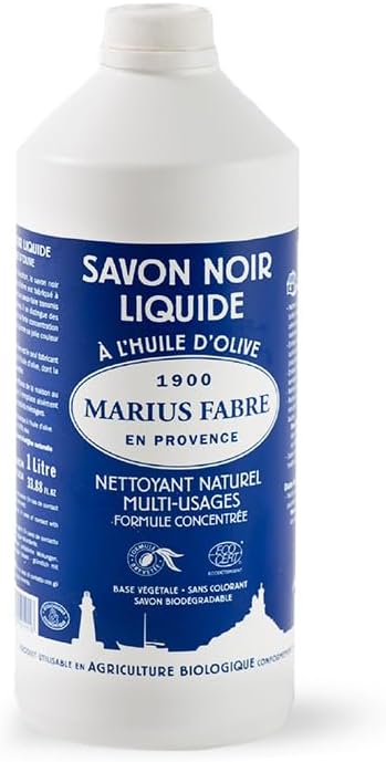 MARIUS FABRE – Flüssige schwarze Seife mit Olivenöl – Vielseitiger Reiniger 100 % natürlichen Ursprungs – Traditionelle Herstellung – Ecocert-zertifiziert – Herkunft Frankreich – Flasche 1 L