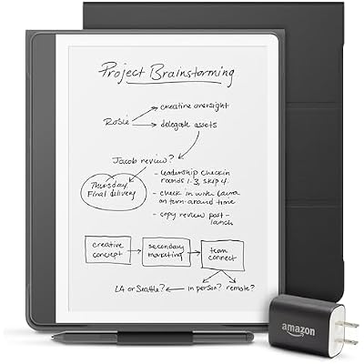 Amazon Kindle Scribe Essentials Bundle including Kindle Scribe (16GB) - Tungsten, Premium Pen, Plant-Based Leather Folio-Black, and Power Adapter