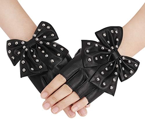 Women Punk Rock Big Bowknot PU Leather Stage Club Dance Half-Finger Gloves