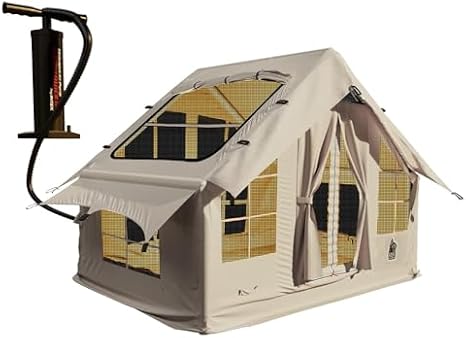 Large Inflatable Camping Tent, Waterproof Outdoor 4-Season Family Glamping House for 2-4 People, Canvas Easy Setup Cabin Ideal for Traveling and Fishing