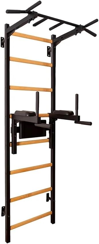 222B Wallbars, Stall Bars, Swedish Ladder, Gymnastic Ladder with Fixed Steel 6-Grip Pull Up Bar, Chin Up Bar, Upper Body Workout Bar, Dip Bar, Dip Station with Polyurethane Back Support