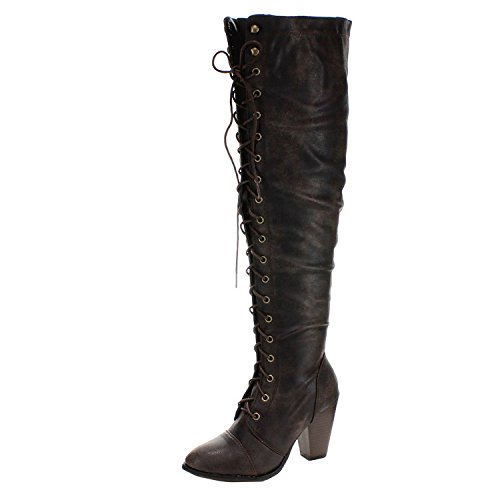 Forever Womens Knee-High Lace-Up Boot Camila-48 Brown Pu Pu 10