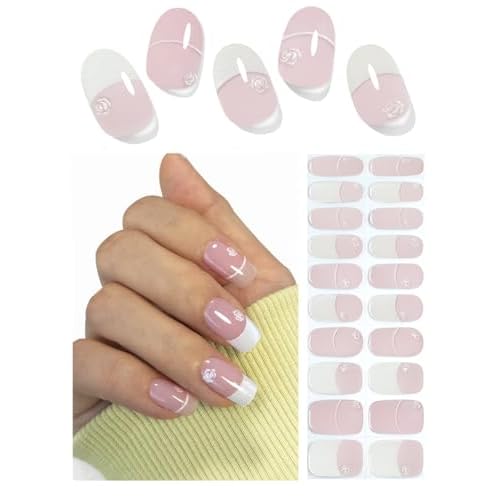 Semi Cured Gel Nail Strips, French, Rose, Easy to Use and Remove, 20pcs Gel Nails Sticker for Home Nails DIY