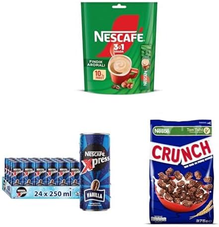 NESCAFÉ Fındık Aromalı Beyazlatıcılı Çözünebilir Kahve Karışımı 10x17 g x 2, NESTLÉ Nescafé Xpress Vanilla Soğuk Kahve 24x250 ML x 1, Nestle Crunch Tam Tahıl Ve Pirinç Gevreği 375gr x 1