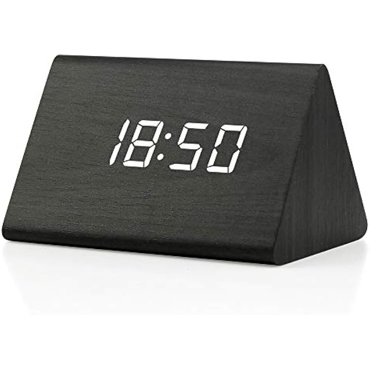 GEARONIC Digital Alarm Clock Wooden Alarm Clock Wood Modern Triangle Alarm Digital Desk Clock, Displays Time Date Temperature Calendar Wood Made Electric Clocks for Bedroom, Bedside - Black