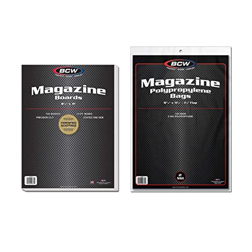 BCW Magazine Bags and Backing Boards Combo - 100 ct | Acid-Free Polypropylene Bags for Current Magazines | 24pt Solid Bleached Sulfate Boards | Archival-Quality Protection for Collectible Magazines