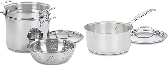 Cuisinart 4-Piece Cookware Set, 12 Quarts, Chef's Classic Stainless Steel Pasta/Steamer, 77-412P1 & 1.5 Quart Saucepan w/Cover, Chef's Classic Stainless Steel Cookware Collection, 719-16