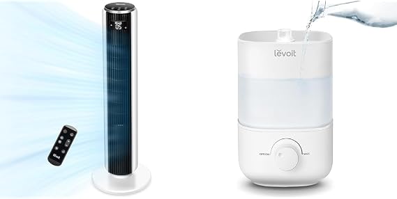 LEVOIT Tower Fan for Bedroom, 25ft/s Velocity 28dB Bladeless Oscillating Fan with 90 & Top Fill Humidifiers for Bedroom, 2.5L Tank for Large Room, Easy to Fill & Clean