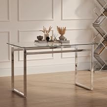 Modern Glass Dining Table for 4-6, 51" Rectangular Kitchen Dining Room Table with 0.31" Tempered Glass Tabletop and Silver Chrome Metal Legs, Writing Table Desk, for Kitchen Dining Living Room