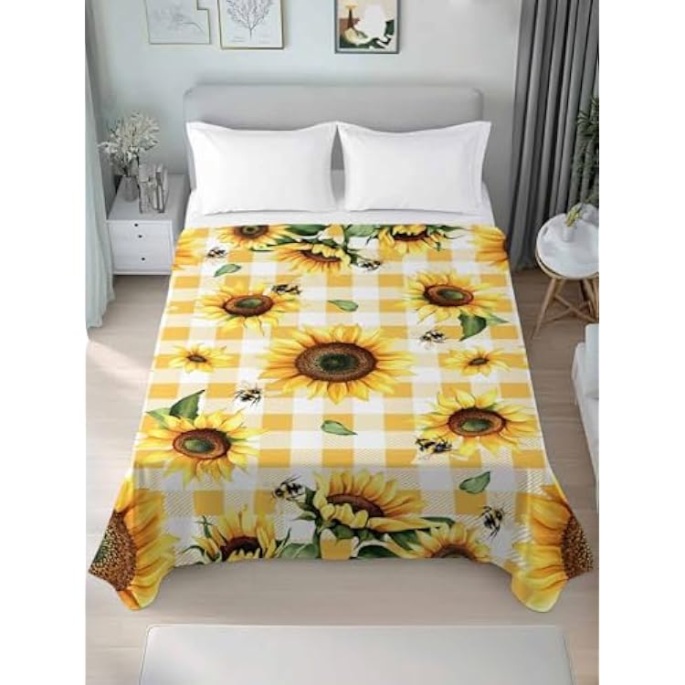 Yellow Sunflower California King Size Flat Sheet, Wrinkleproof & Fadeproof Cooling Flat Bed Sheet Only, Vintage Country Bee Plaid Ginger Check Breathable Soft Bedding Top Sheets 108 x 98 Inches