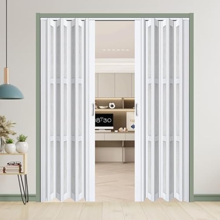 CCBOYSHARDWARE 72X80in Double Accordion Door with Frosted Acrylic Panels,PVC Folding Door with Lock & Handle, Space-Saving Bifold Door with Double Magnetic Closure for Closet & Pantry,Easy to Clean