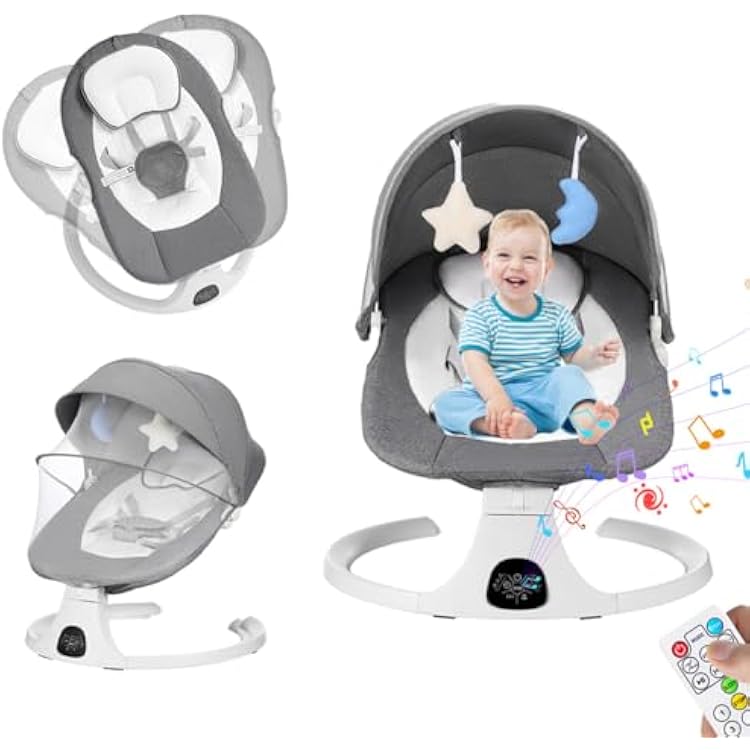 Baby Swing, IndoorOutdoor Baby Swing for Infants with UV-Protective Sunshade and Mosquito Net, Featuring Bluetooth Music Starry Sky Mobile, 5-Position Seat Adjustment, 5-Point Safety HarnessGray