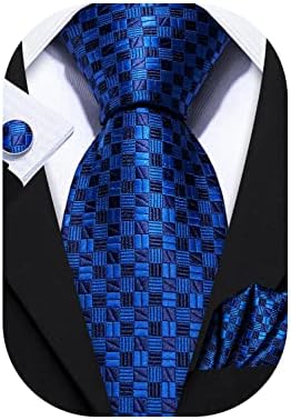 Barry.Wang Plaid Ties Check Mens Necktie Set with Handkerchief Cufflinks Classic Stripe