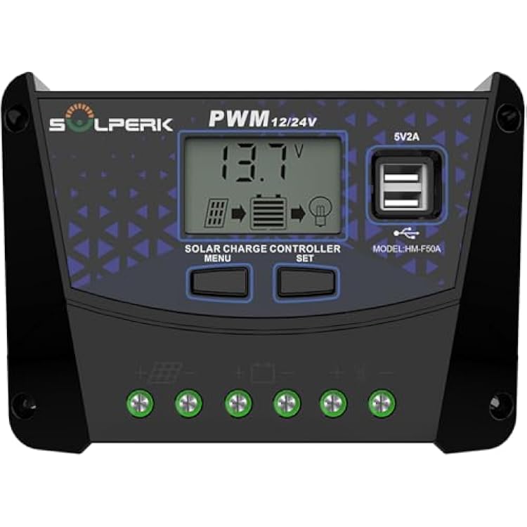 SOLPERK 50A Solar Charger Controller 12V 24V Auto, Solar Panel Battery Intelligent Regulator with Dual USB Port PWM Controller for Gel AGM Lead-Acid Lithium LiFePO4 Battery 50A