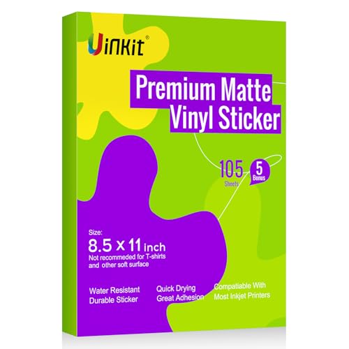 Uinkit 105 Sheets Printable Premium Matte White Vinyl Sticker Paper for Inkjet Printer, 8.5x11 Inches,Self-Adhesive,Waterproof, Work well with Cutting Machine